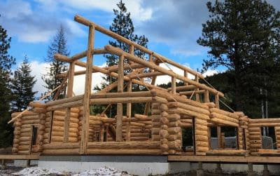 In process shot of a log home being built.