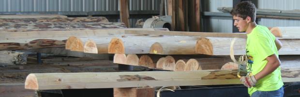 A man peeling logs for a log home.