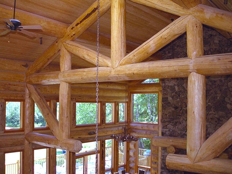 Natural big log construction of Hidden Lakes clubhouse trusses.