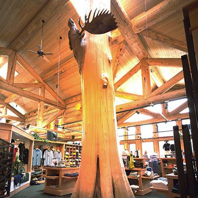 Large bull moose wood sculpture mounted a on very large tree acting as a support for a high ceiling.