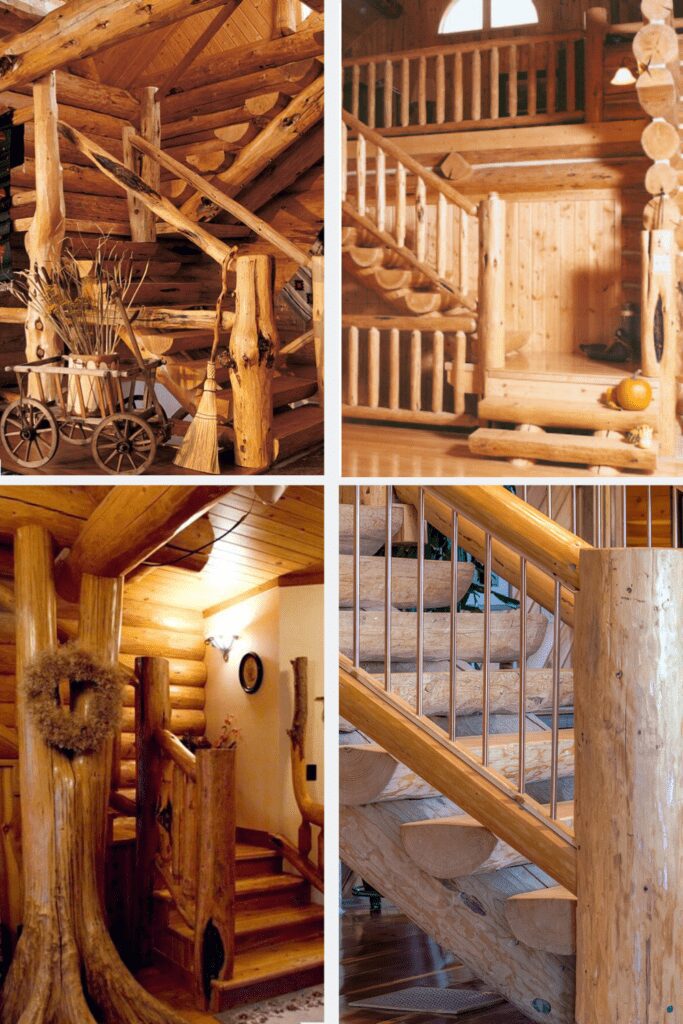 Four image of custom rustic staircases built by Caribou Creek Log Homes