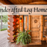 Rustic front door of a handcrafted log home