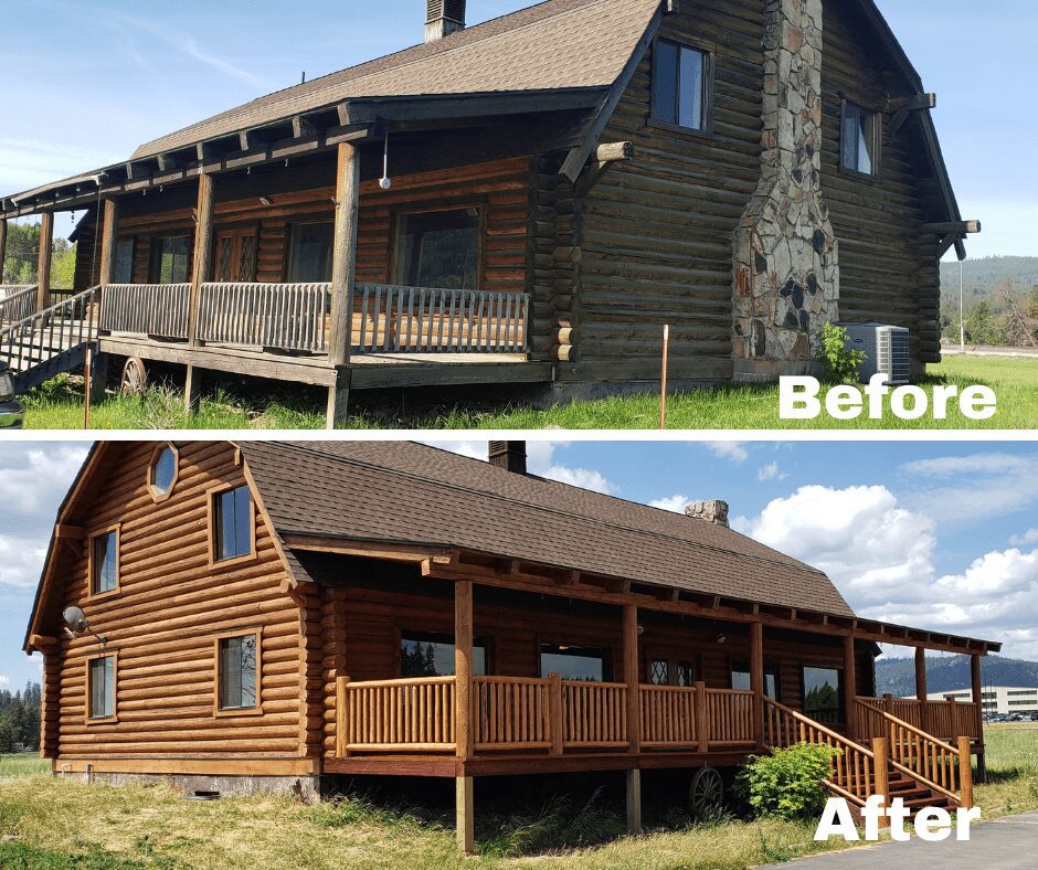 Image of a log building before it was restored and after it was restored
