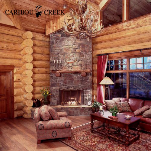 Corner fireplaces make a great addition to log cabin living rooms.