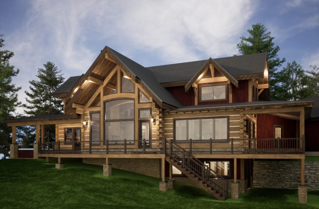 luxury dovetail log home exterior rendering Bull Lake