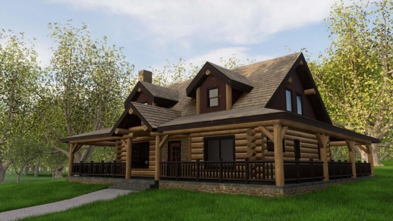 log cabin with porches exterior rendering Bitterroot