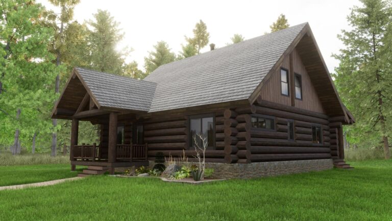 luxury log cabin exterior rendering High Mountain Cabin