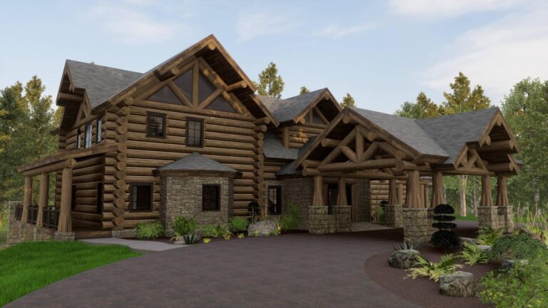 luxury log home exterior rendering Horse Point 2