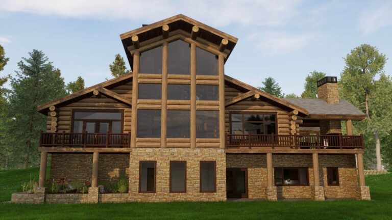 custom luxury log home floor plan exterior rendering "Priest Lake"