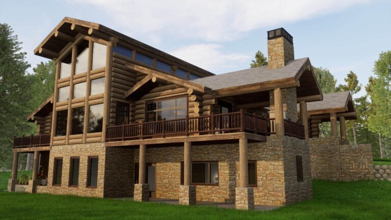 custom luxury log home floor plan exterior rendering "Priest Lake"