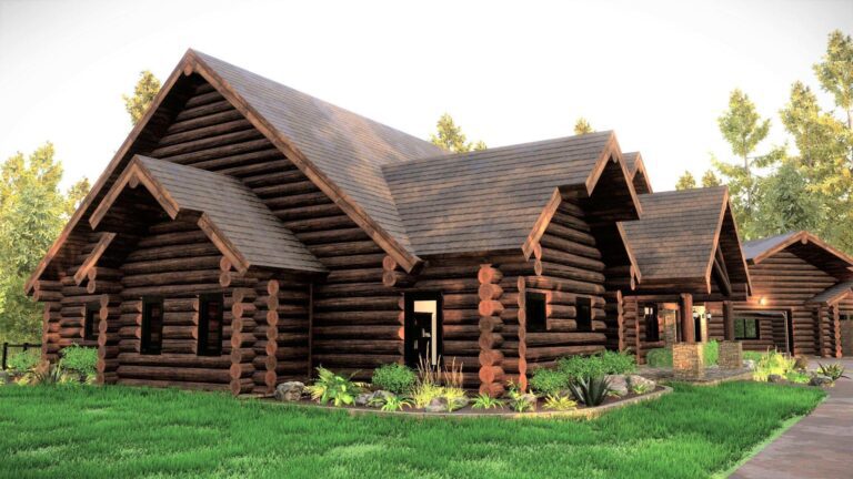 luxury log home design exterior rendering Sandpoint