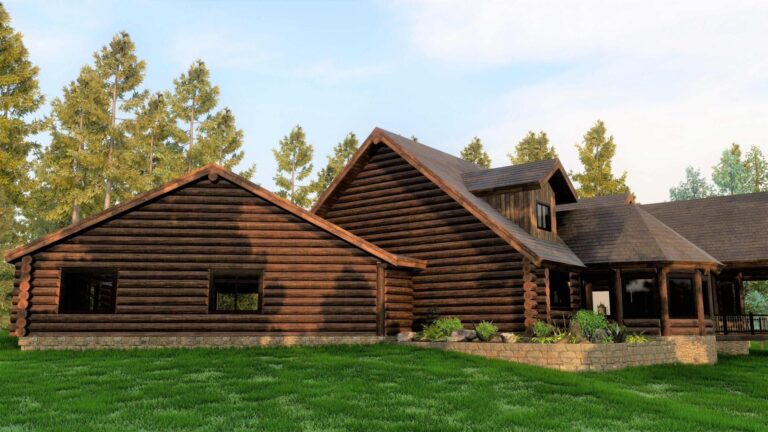luxury log home design exterior rendering Sandpoint