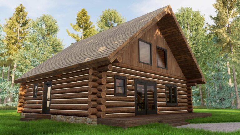 basic log cabin home floor plan exterior rendering "White River"