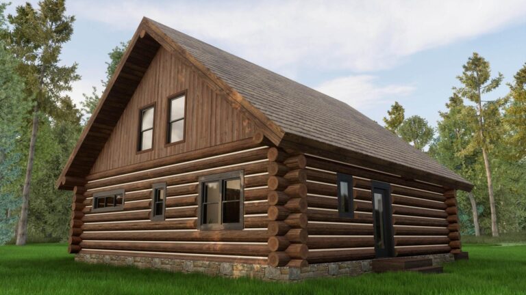 basic log cabin home floor plan exterior rendering "White River"