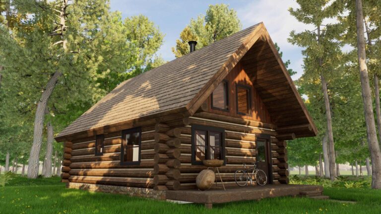 mountain log cabin floor plan exterior rendering "Woods Cabin"