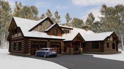 luxury log home exterior rendering Alaskan