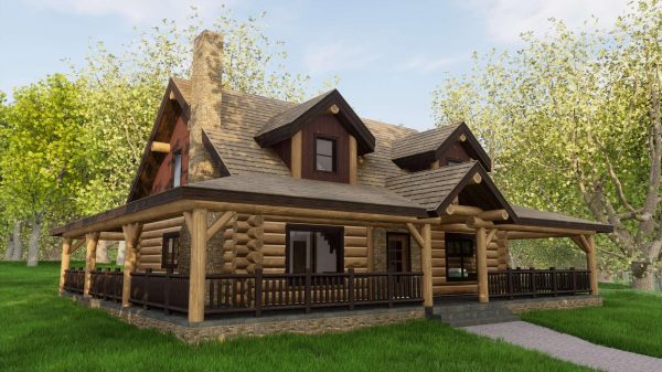 log cabin with porches exterior rendering Bitterroot