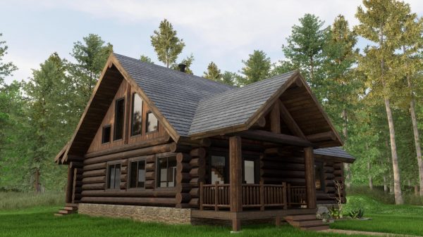 luxury log cabin exterior rendering High Mountain Cabin