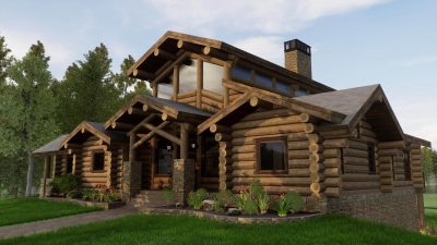 custom luxury log home floor plan exterior rendering "Priest Lake"