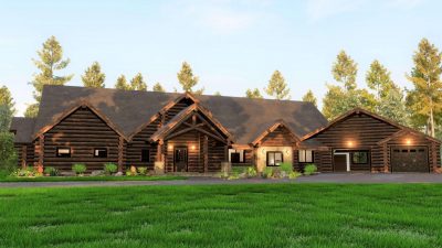 luxury log home design exterior rendering Sandpoint