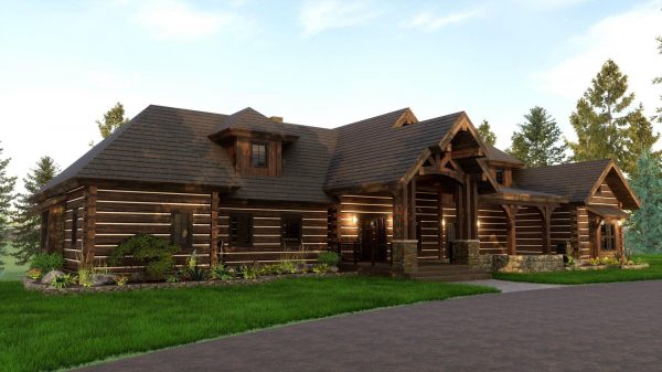 luxury log home exterior rendering "The Coeur d'Alene"