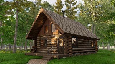 mountain log cabin floor plan exterior rendering "Woods Cabin"